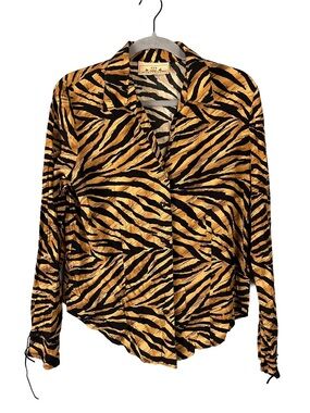 New Frontier Women's Tiger-Stripe Button Front Shirt - Black & Gold vintage sm